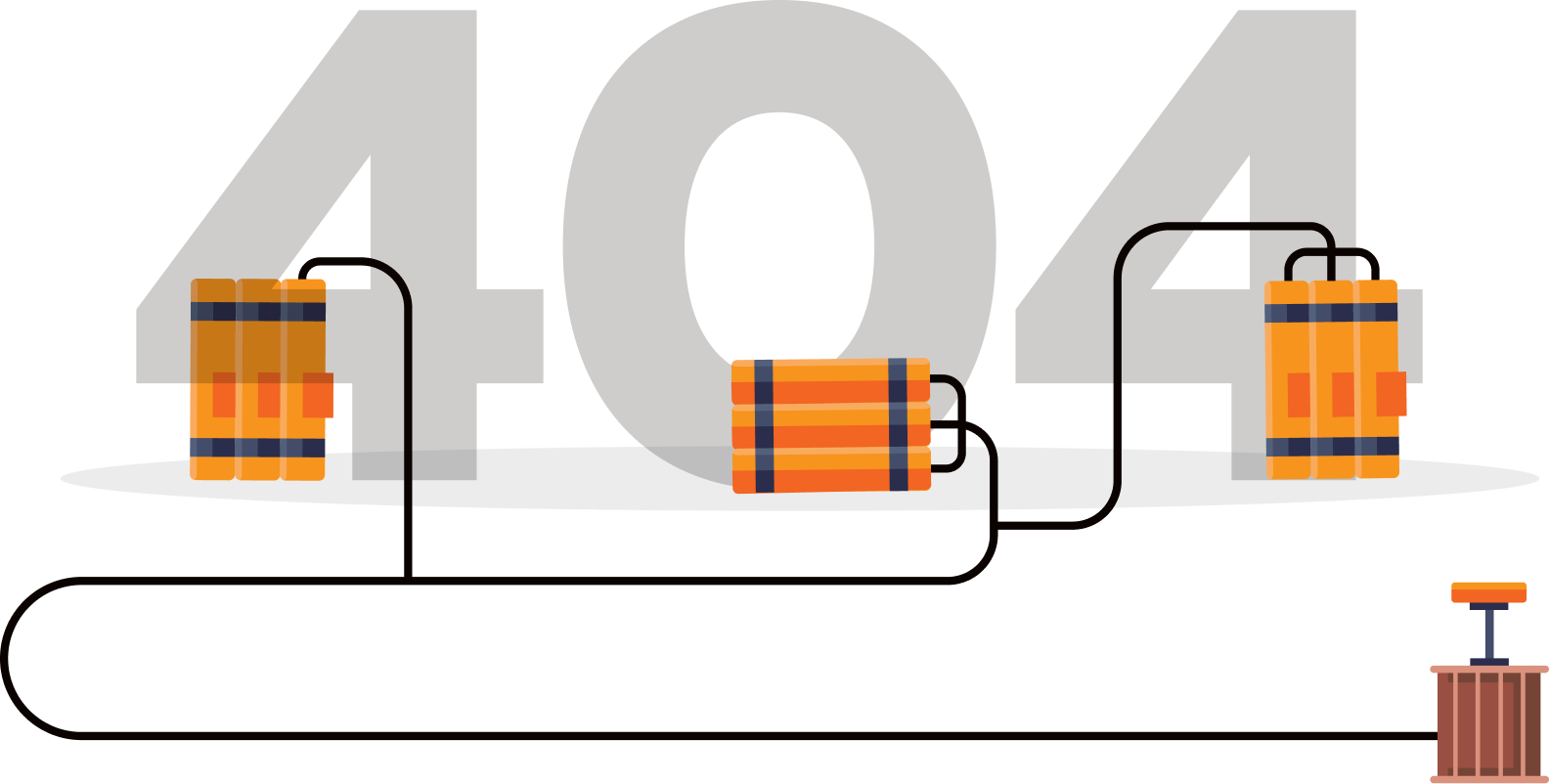 Illustration of a 404 error with dynamite sticks and a detonator connected by black wires on a gray oval background.