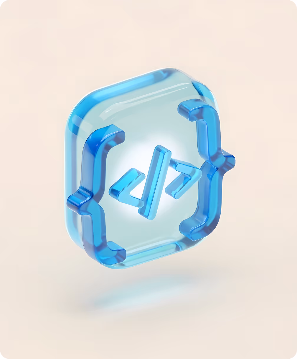 Blue translucent 3D icon of code brackets and angled brackets on a light background.