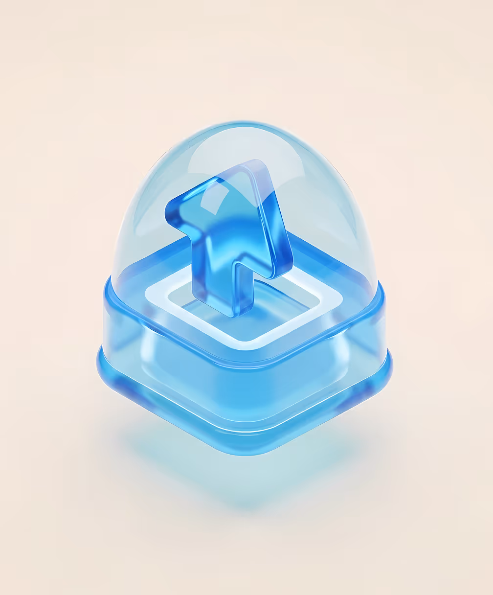 3D blue translucent upward arrow icon enclosed in a rounded glass-like dome on a light background.