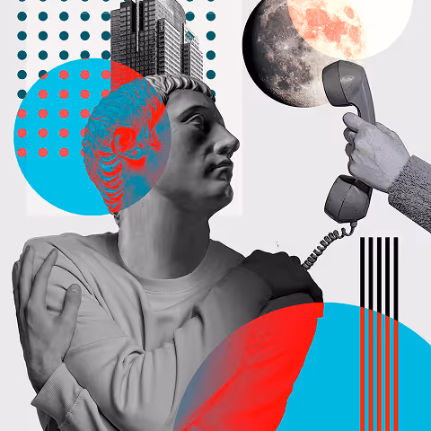 Surreal collage with a grayscale statue of a man embracing himself, a hand holding a phone receiver to the moon, and colorful abstract shapes and city buildings in the background.