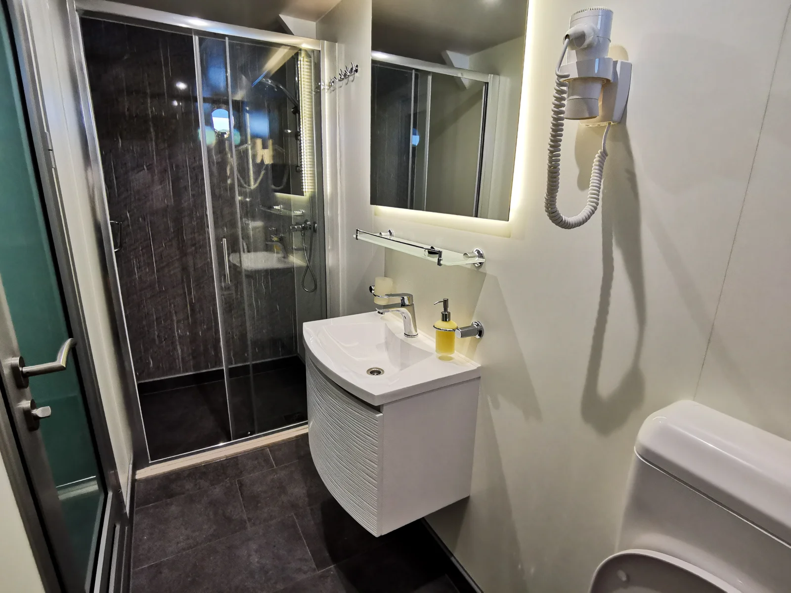Compact ensuite with dark glass shower, basin and hairdryer