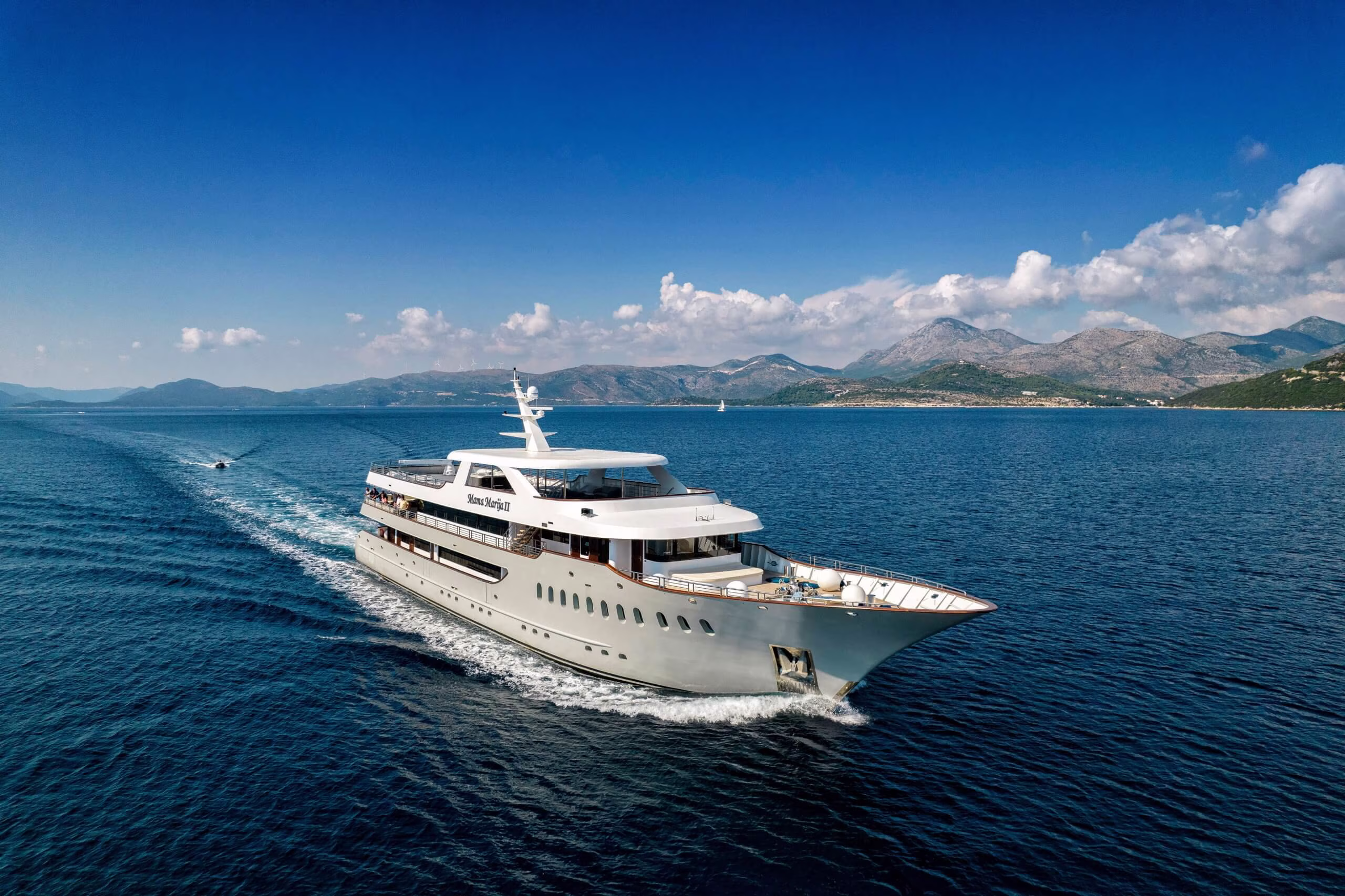 Cruise ship sailing in open water beneath distant mountains