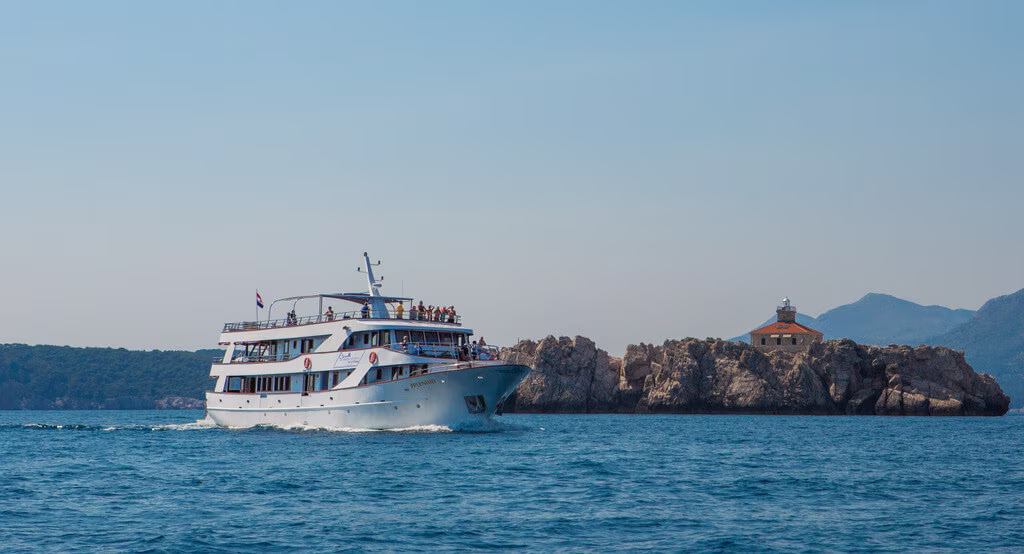 Cruise ship passing a rocky headland with a stone fort
