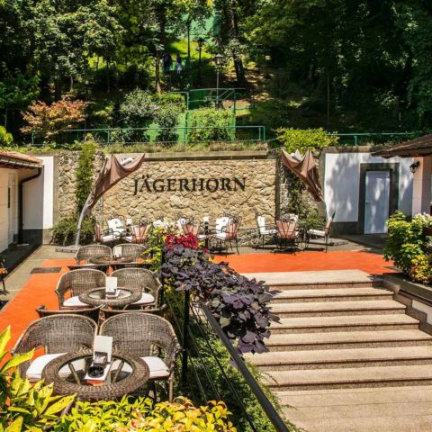 Hotel Jagerhorn garden entrance with stone steps, flower beds and terrace tables