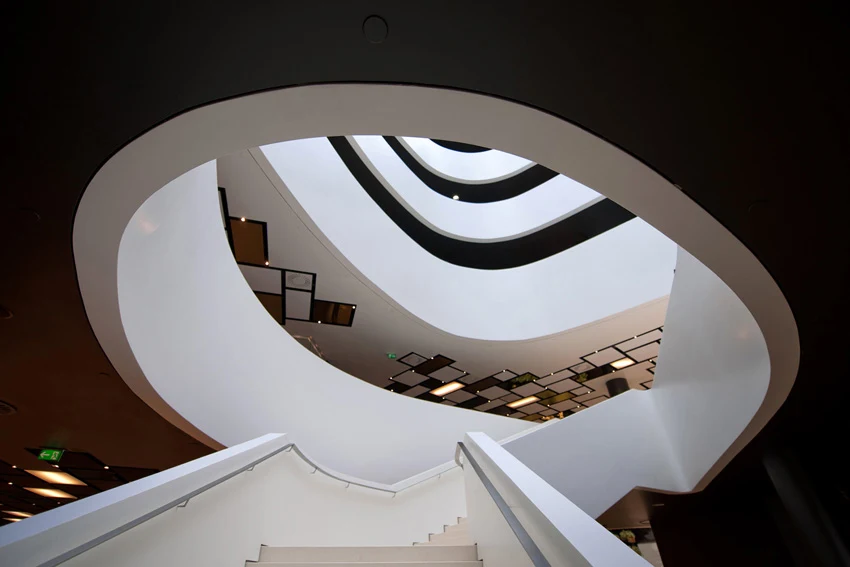 Lone spiral atrium seen from an upper level