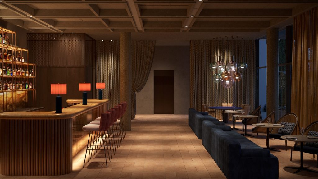 Hotel Villa Argentina, Dubrovnik lounge bar with navy banquettes and chandelier