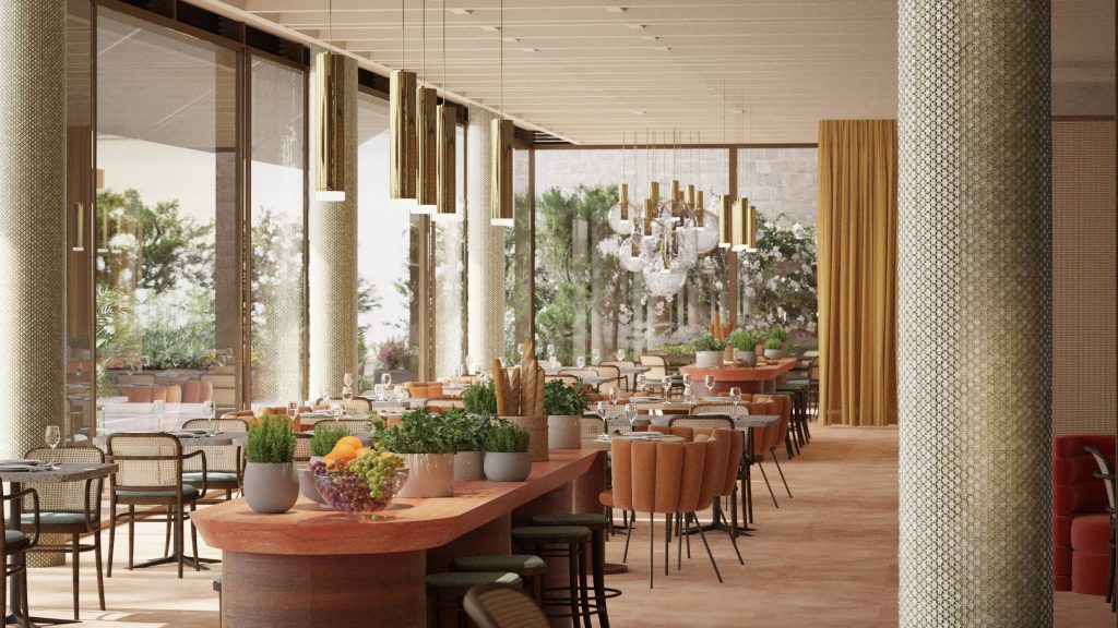 Hotel Villa Argentina, Dubrovnik restaurant with long table, pendant lights and orange chairs
