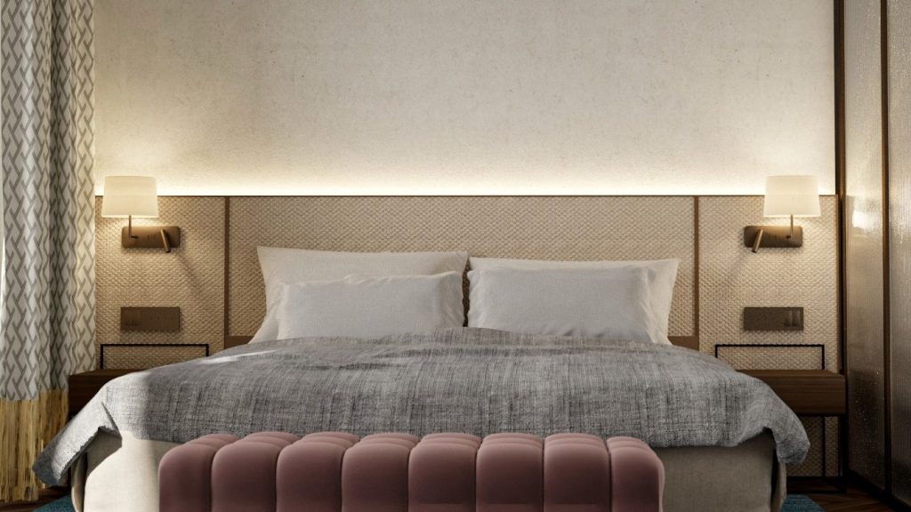 Hotel Villa Argentina, Dubrovnik double bed with grey throw and pink bench