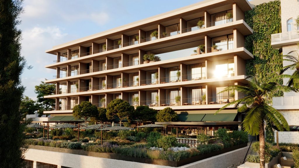 Hotel Villa Argentina, Dubrovnik terraced hotel building with balconies above gardens at sunset