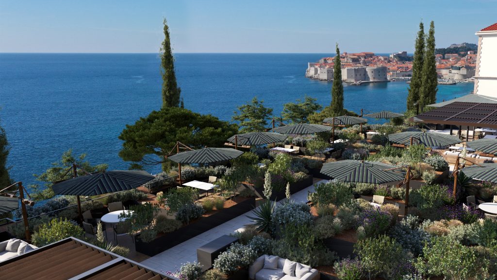 Hotel Villa Argentina, Dubrovnik garden terraces with parasols and view to Dubrovnik old town