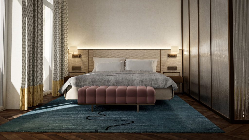 Hotel Villa Argentina, Dubrovnik double bedroom with pink velvet bench and blue rug