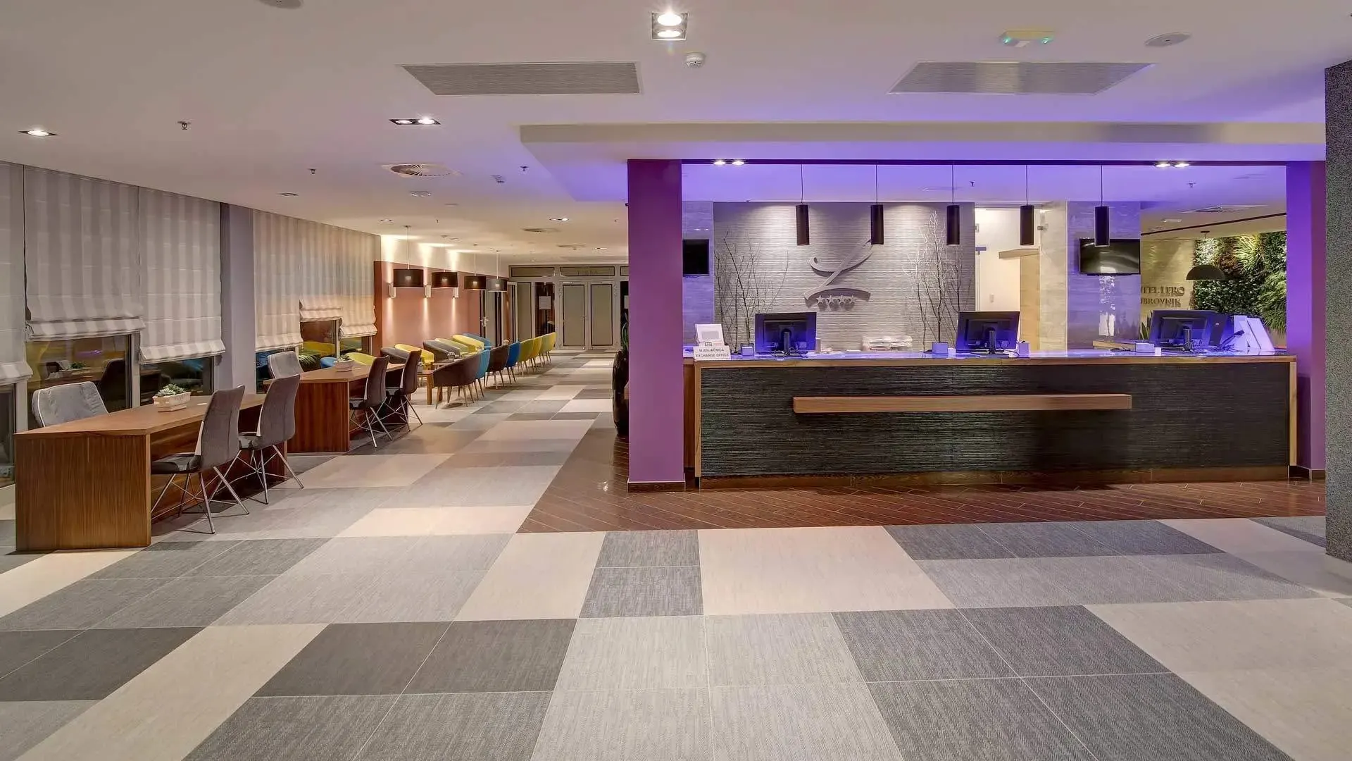 Hotel Lero, Dubrovnik reception desk with purple lighting and chequered floor