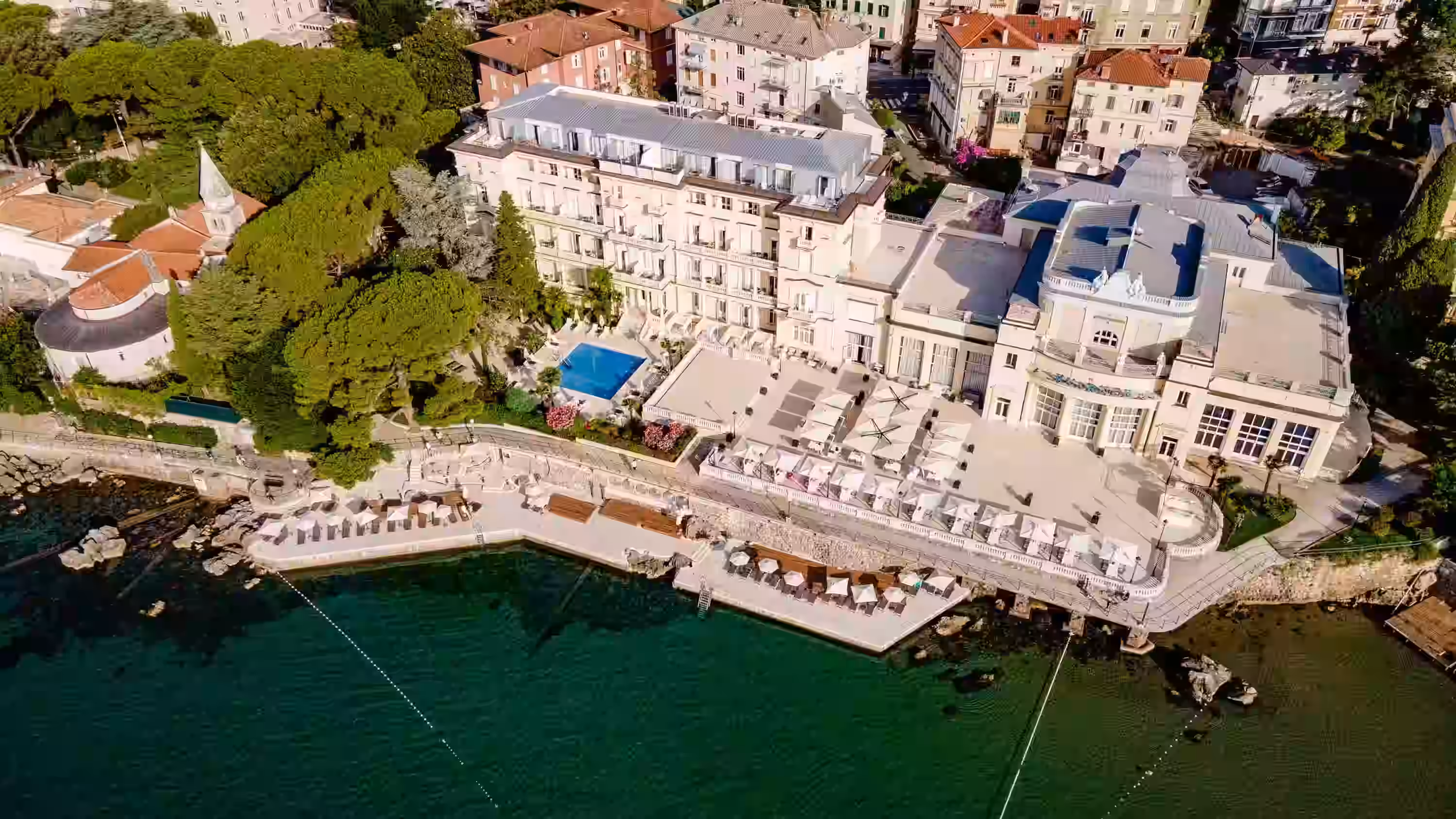 Hotel Kvarner aerial view of the hotel, pool and seafront promenade