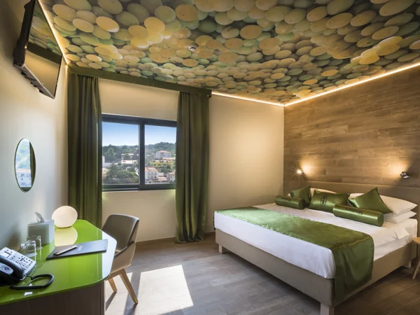 Gospoja bedroom with painted ceiling, green throw and window