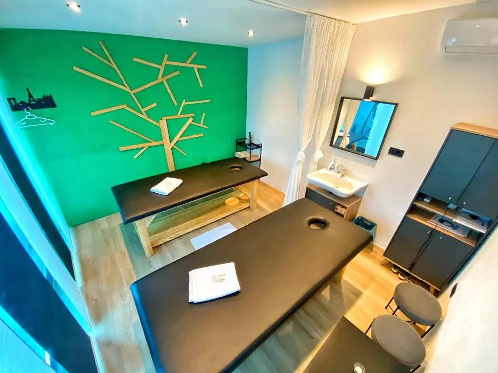 16 Lakes room with green feature wall, branch artwork, desk and TV