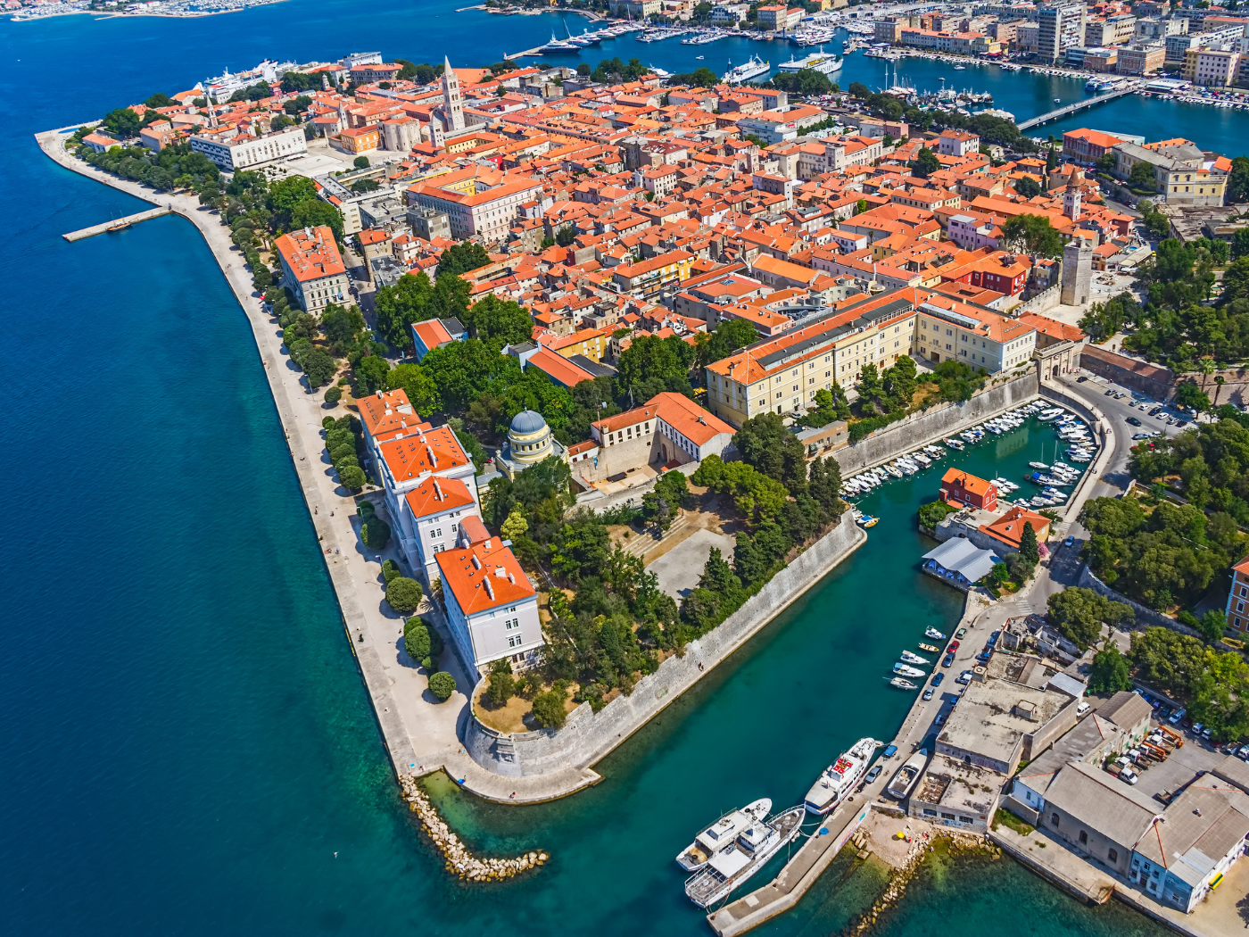 Aerial view of Zadar old town peninsula and its harbour