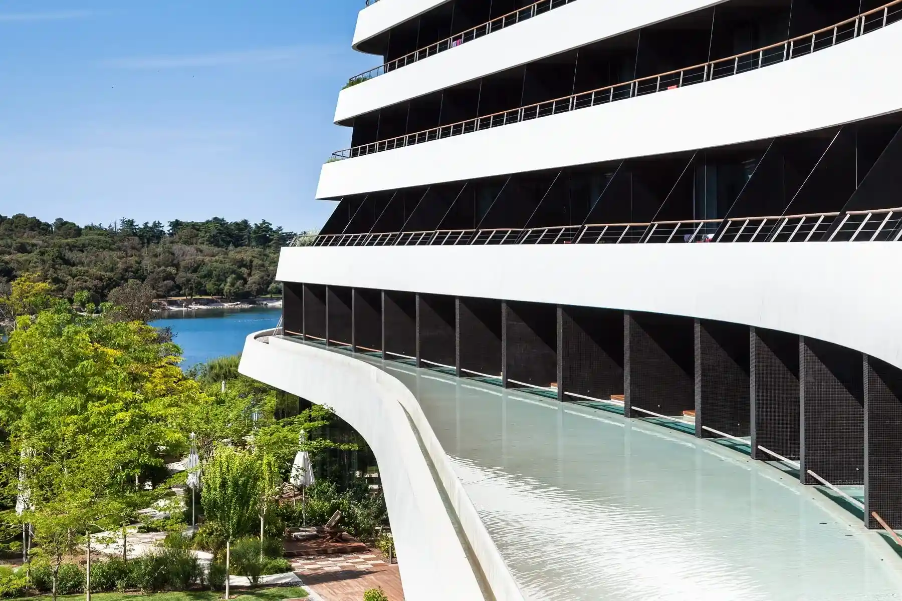 Lone curved stepped balconies of the modern facade