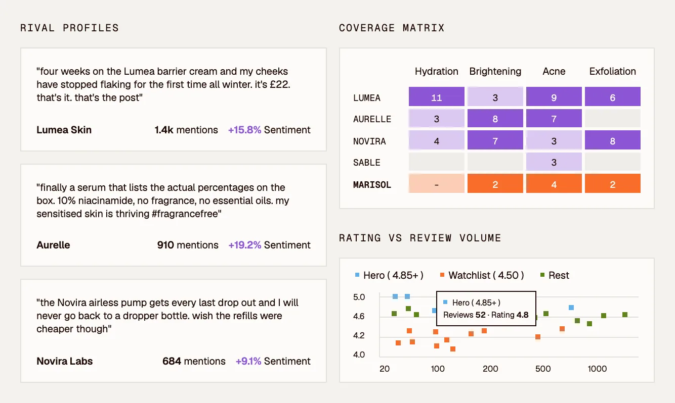 Competitor analysis dashboard showing rival profiles, a coverage matrix and rating versus review volume