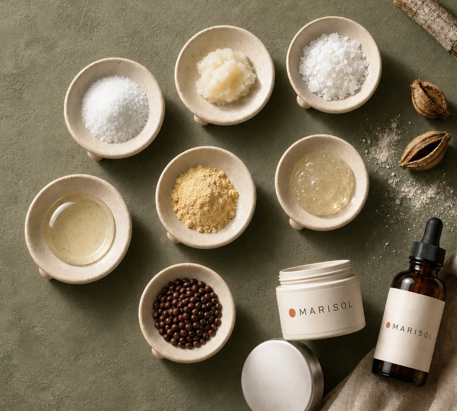 Skincare ingredients in ceramic dishes beside Marisol jars on an olive-green plaster surface