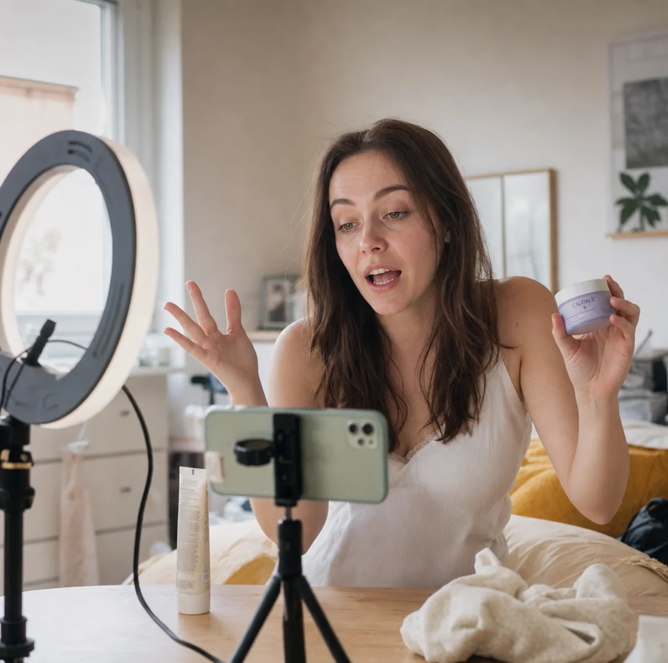 Creator filming a skincare video with a ring light and phone