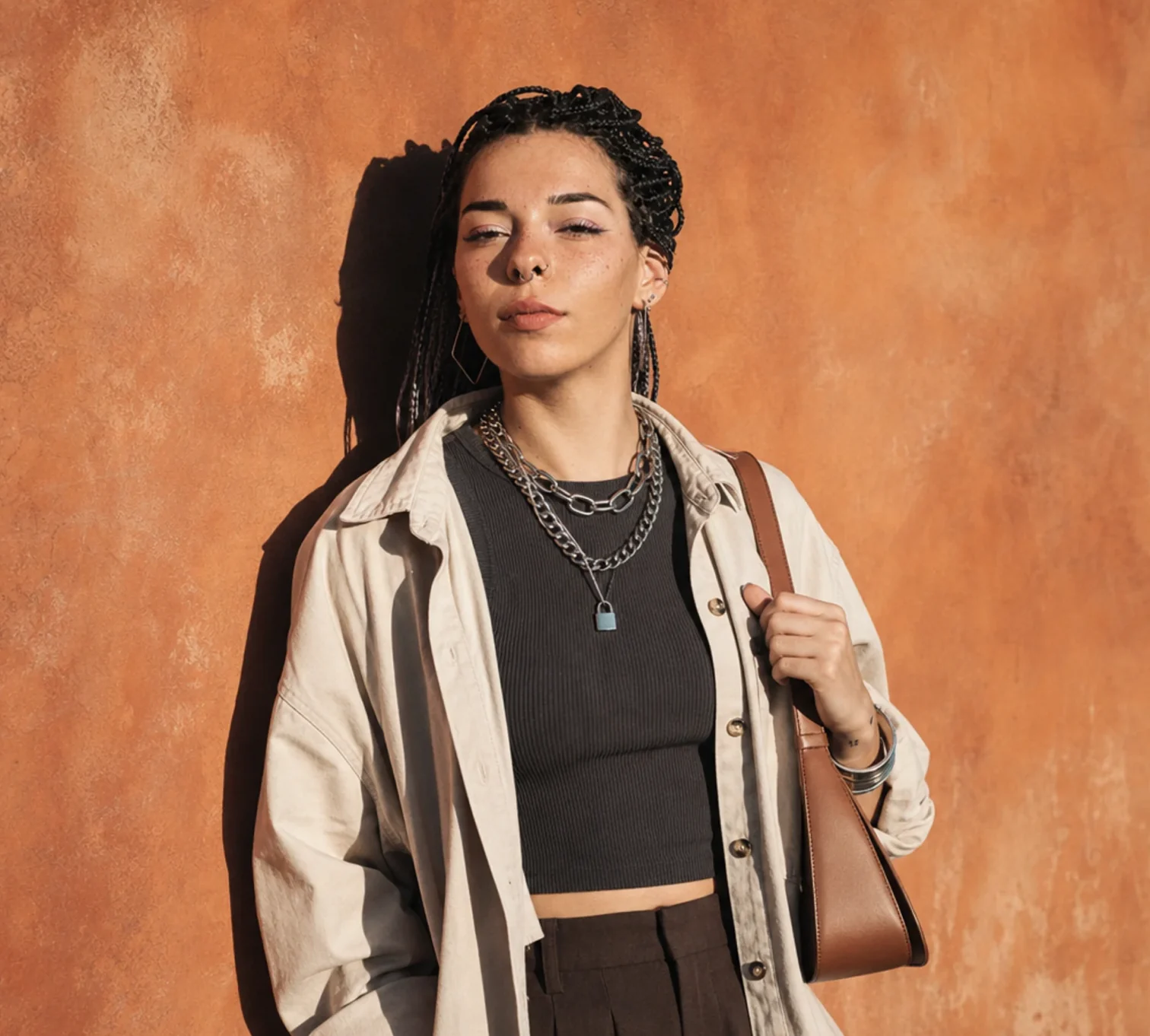 Woman in a cream jacket and layered silver necklaces standing against a terracotta wall