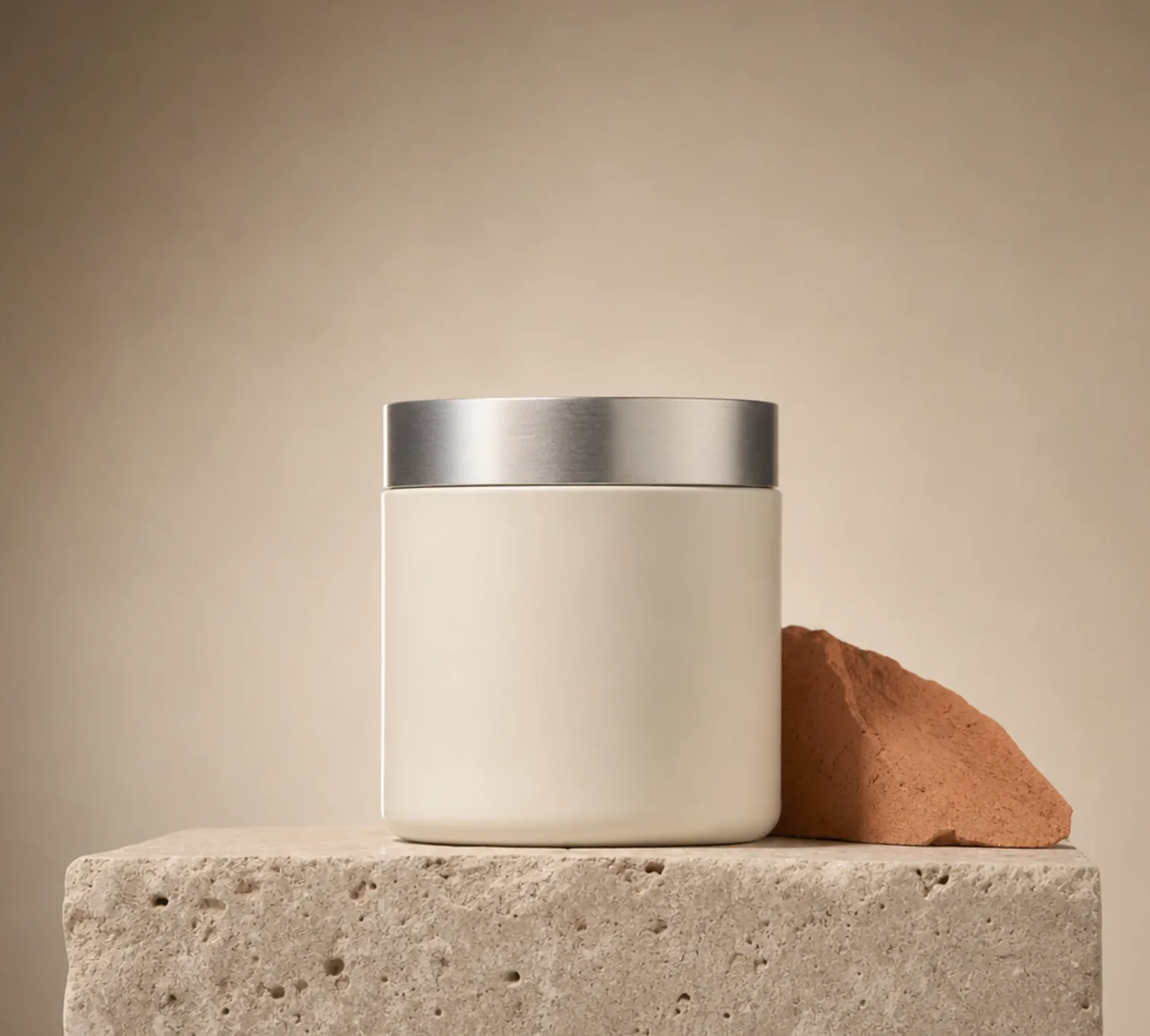 Cream skincare jar with a brushed metal lid on a travertine block beside a terracotta stone