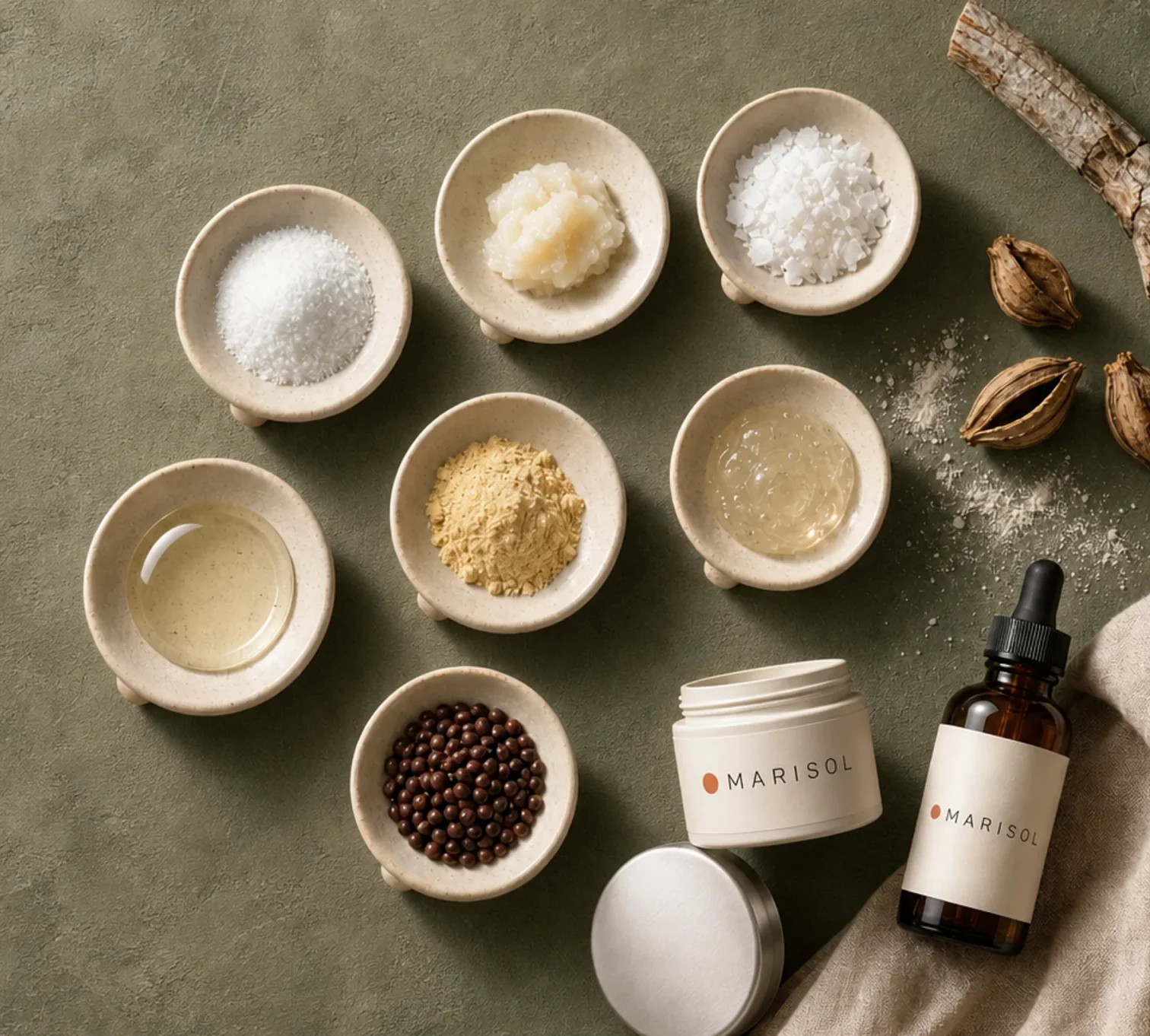 Bowls of salt, powder and seeds beside a Marisol jar and serum on an olive green surface