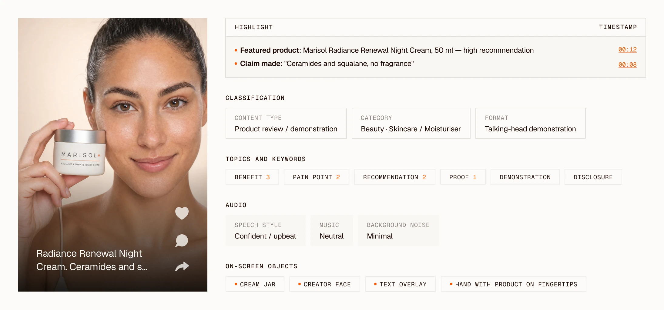 Clayface video analysis of a creator's Marisol Radiance Renewal Night Cream review: highlights with timestamps, classification, topics and keywords, audio and on-screen objects