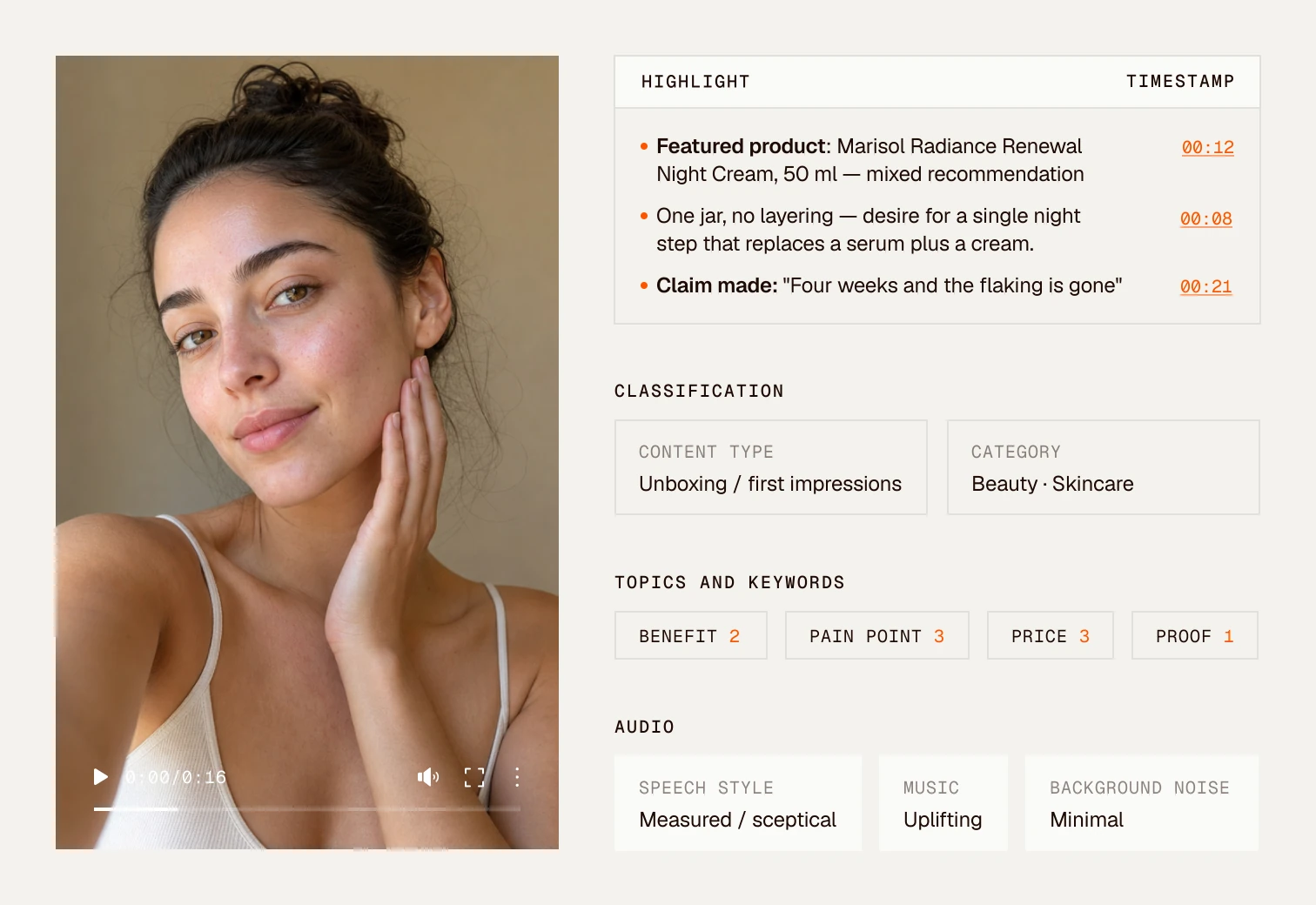 Clayface video analysis of a creator's skincare video: highlights with timestamps, classification, topics and keywords, and audio