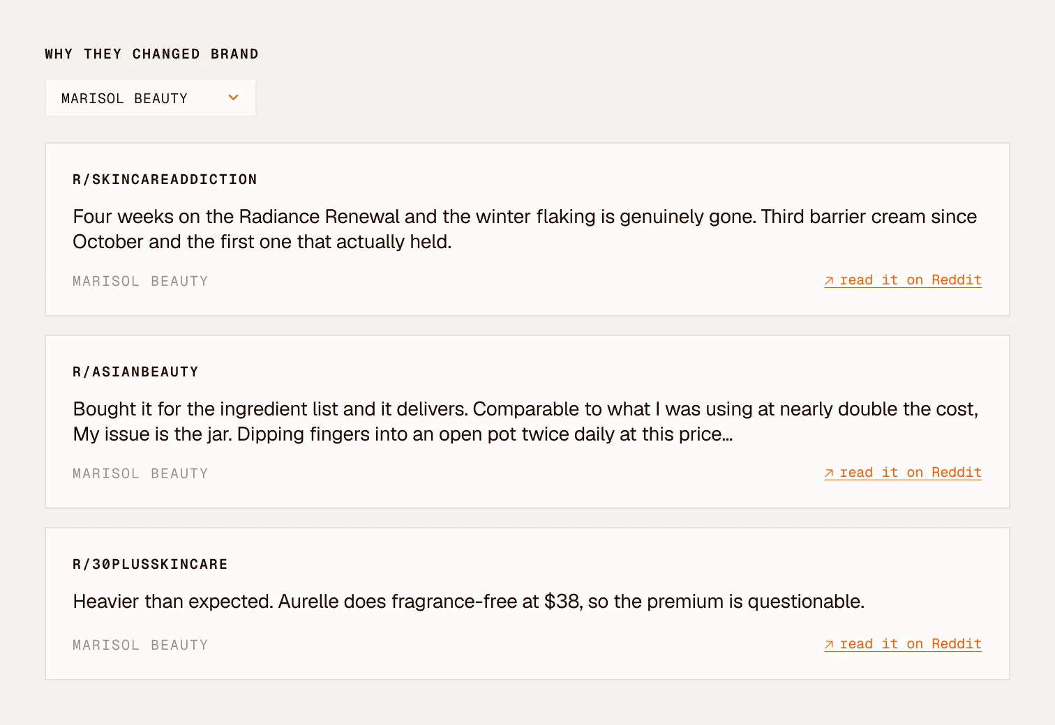 Reddit posts about Marisol Beauty from r/SkincareAddiction, r/AsianBeauty and r/30PlusSkinCare, grouped under why they changed brand