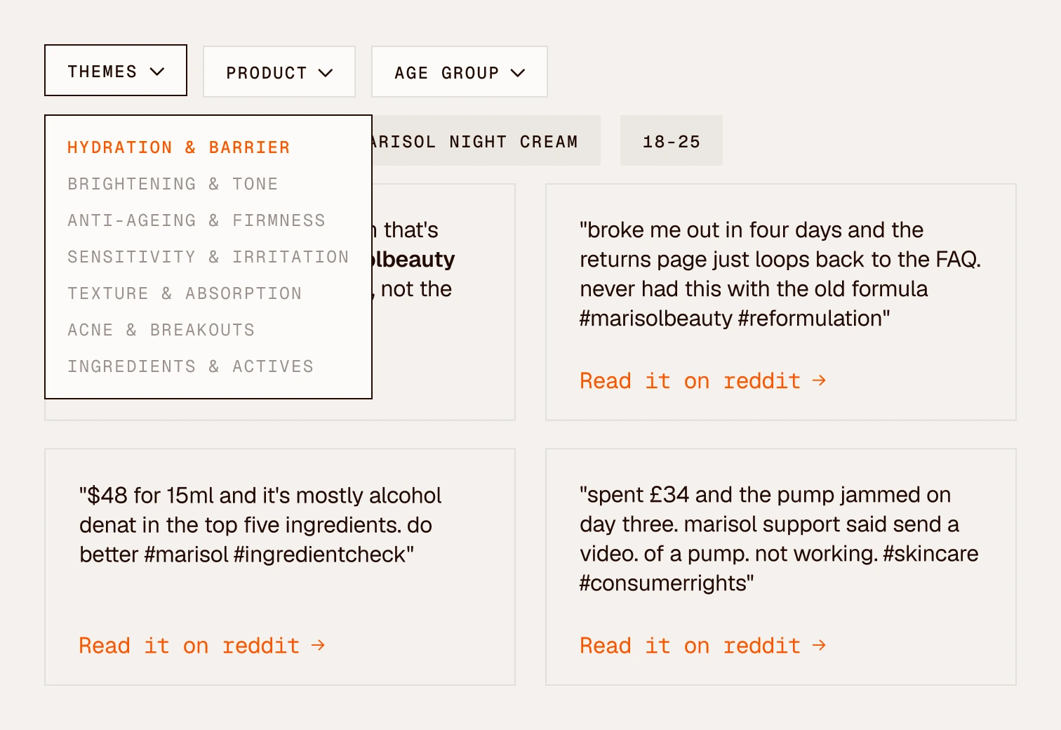 Clayface feedback filtered by theme, product and age group, with the themes menu open on hydration and barrier and the matching customer posts below