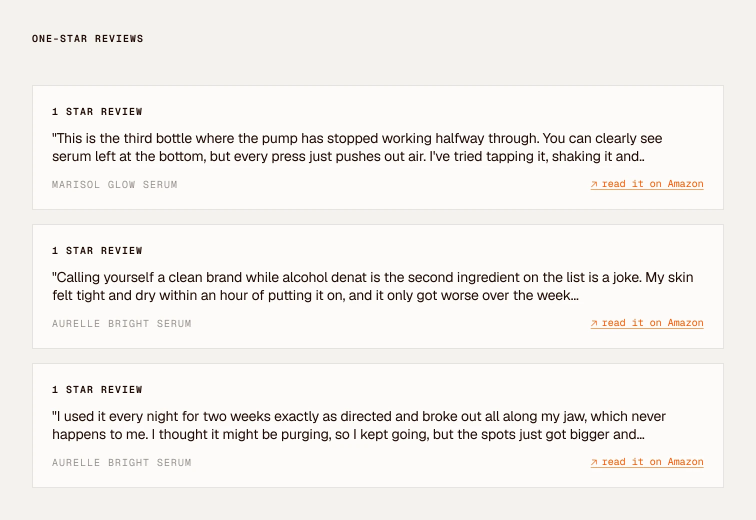 Clayface one-star reviews for Marisol Glow Serum and Aurelle Bright Serum, each with the review text and a link to read it on Amazon