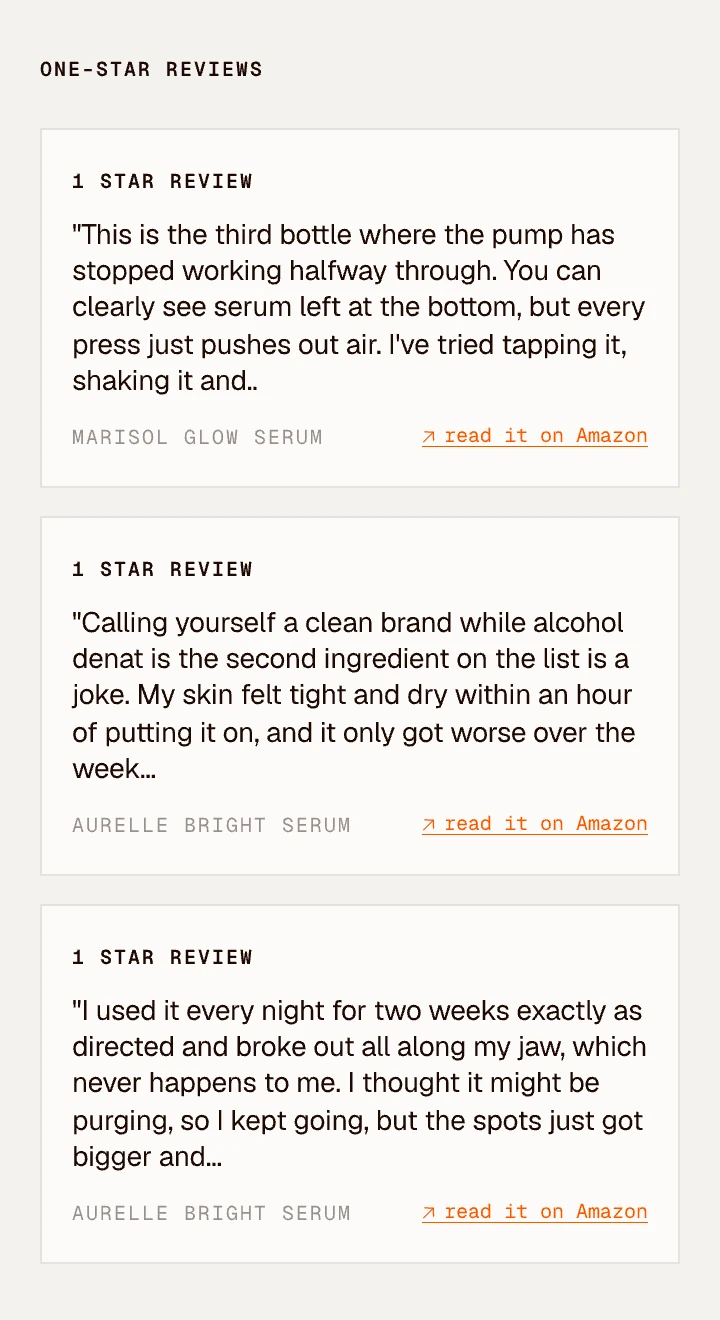 Clayface one-star reviews for Marisol Glow Serum and Aurelle Bright Serum, each with the review text and a link to read it on Amazon