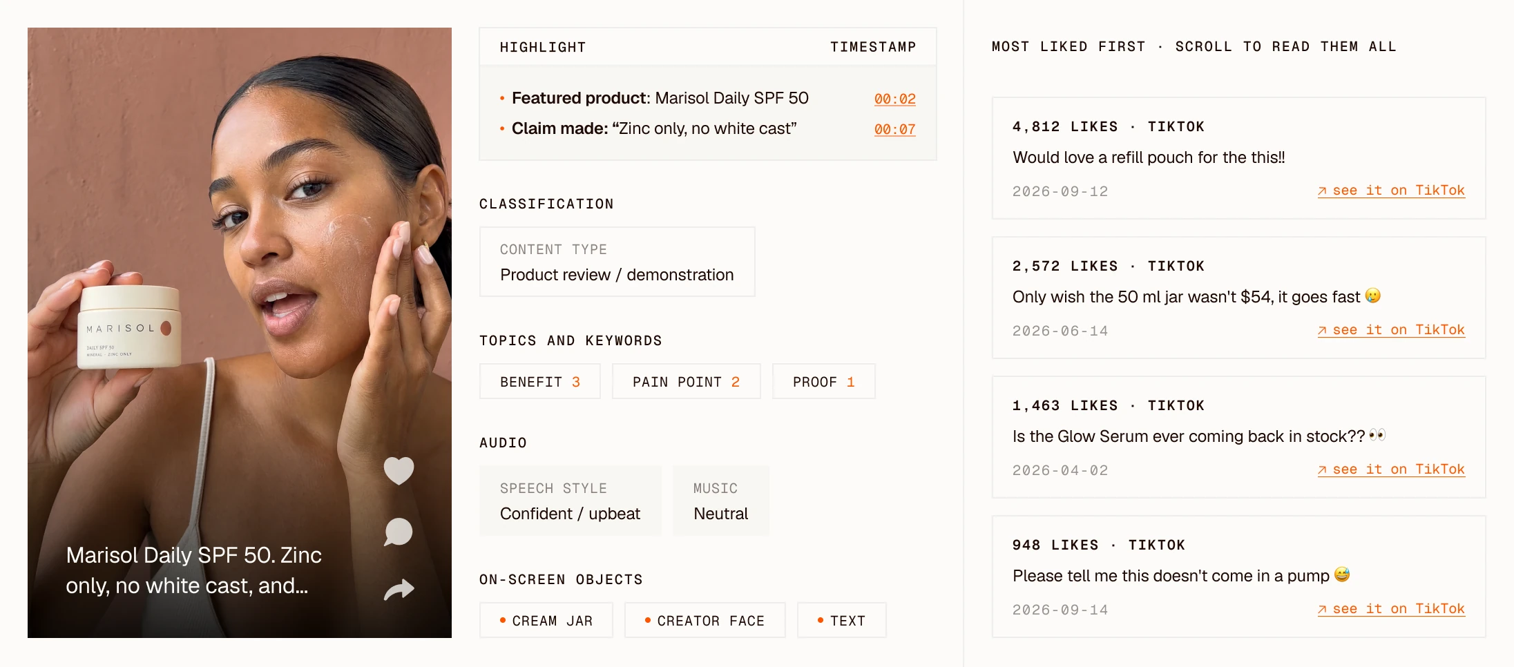 Clayface video analysis of a creator's Marisol Daily SPF 50 review: highlights with timestamps, classification, topics and keywords, audio, on-screen objects and the most liked comments