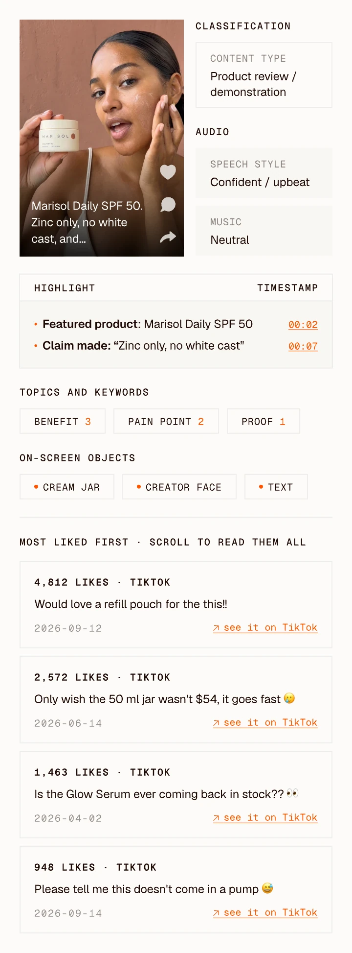 Clayface video analysis of a creator's Marisol Daily SPF 50 review: highlights with timestamps, classification, topics and keywords, audio, on-screen objects and the most liked comments