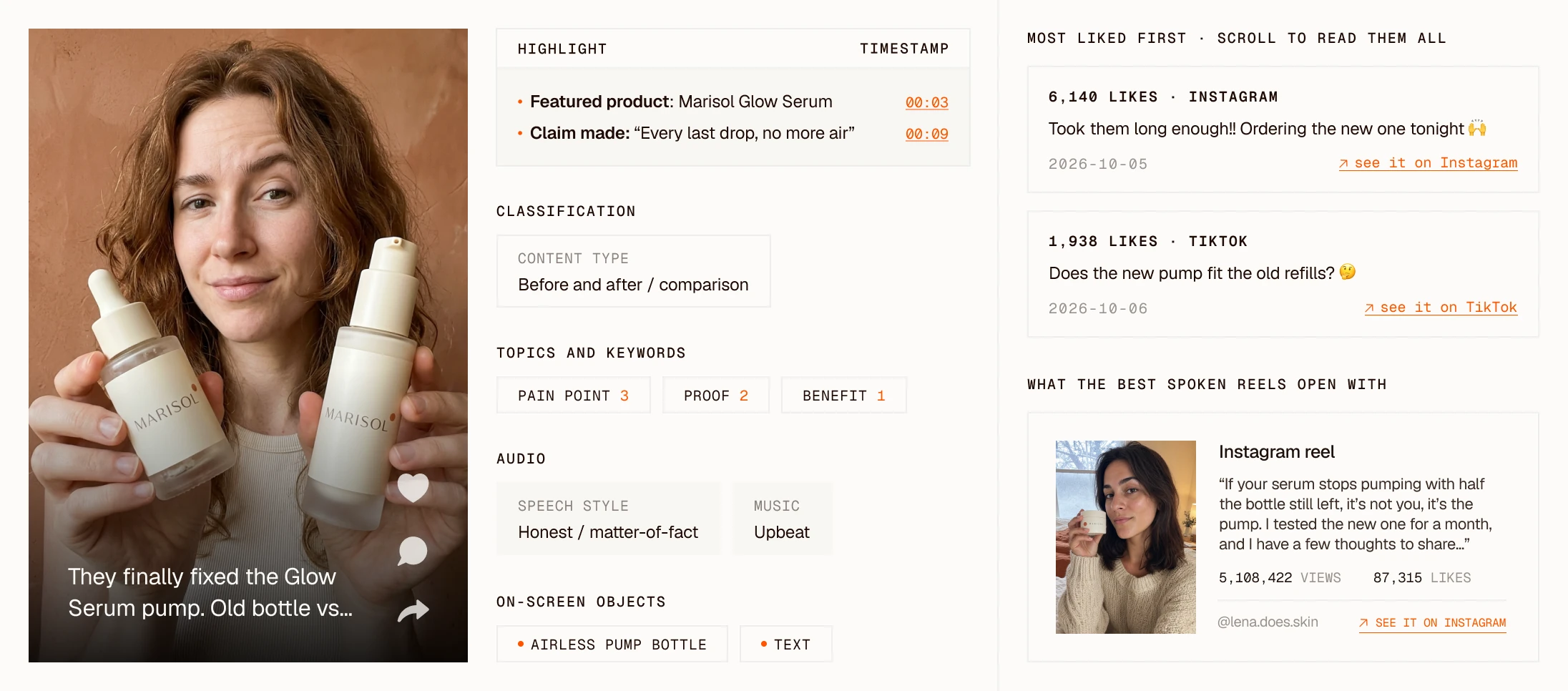 Clayface video analysis of a Marisol Glow Serum video: highlights with timestamps, classification, topics, audio and on-screen objects, beside the most liked comments and the best spoken reels