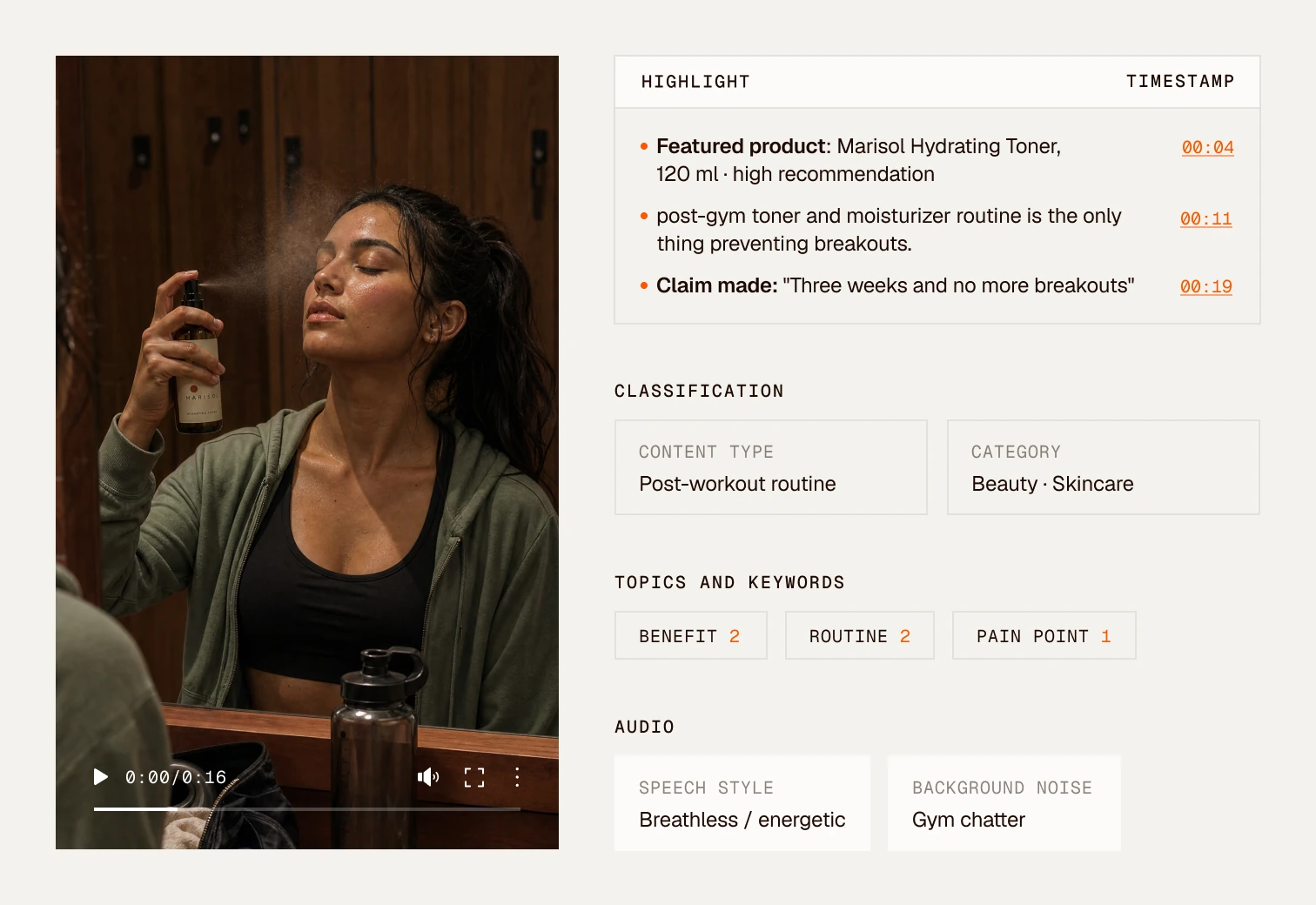 Clayface video analysis of a creator's post-workout skincare video: highlights with timestamps, classification, topics and keywords, and audio