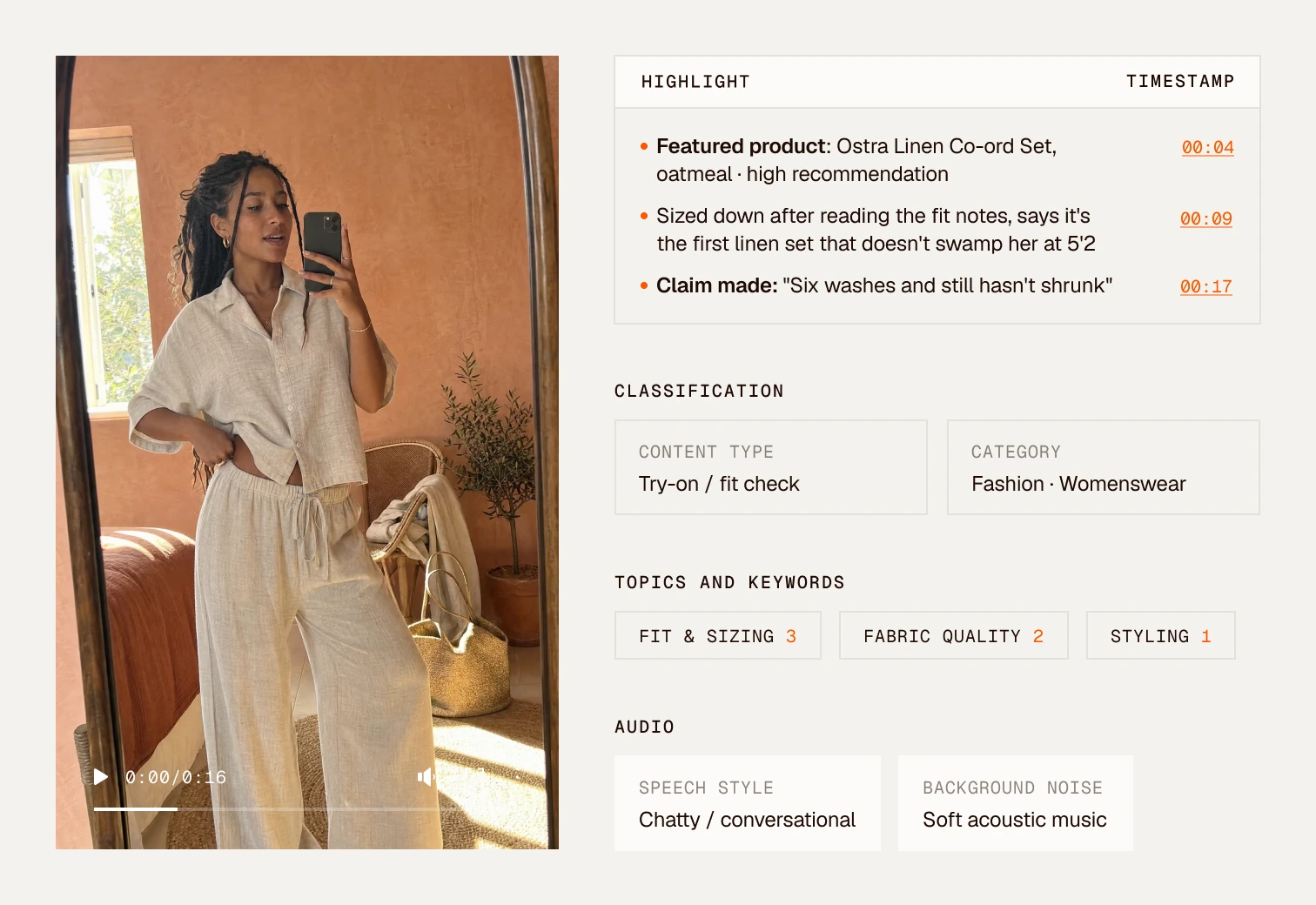 Clayface video analysis of a creator's linen co-ord try-on video: highlights with timestamps, classification, topics and keywords, and audio