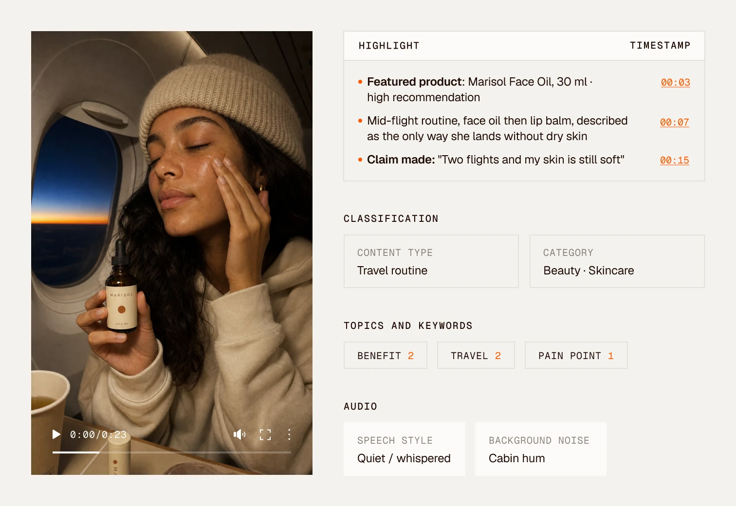 Clayface video analysis of a creator's travel skincare video: highlights with timestamps, classification, topics and keywords, and audio