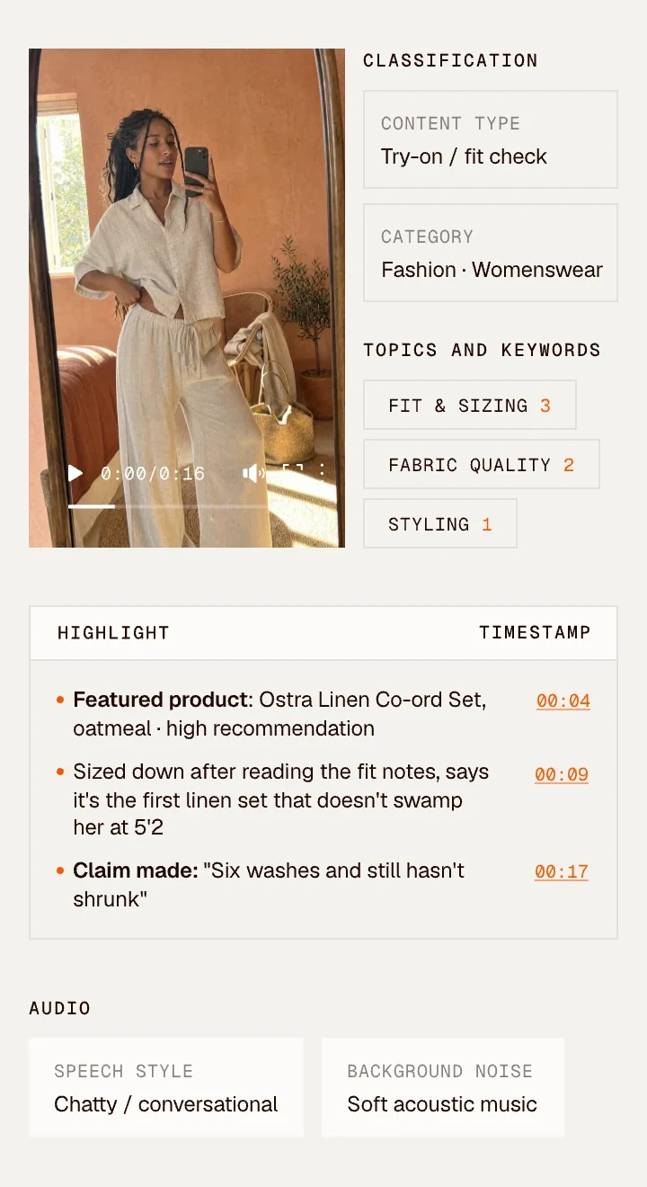 Clayface video analysis of a creator's linen co-ord try-on video: highlights with timestamps, classification, topics and keywords, and audio