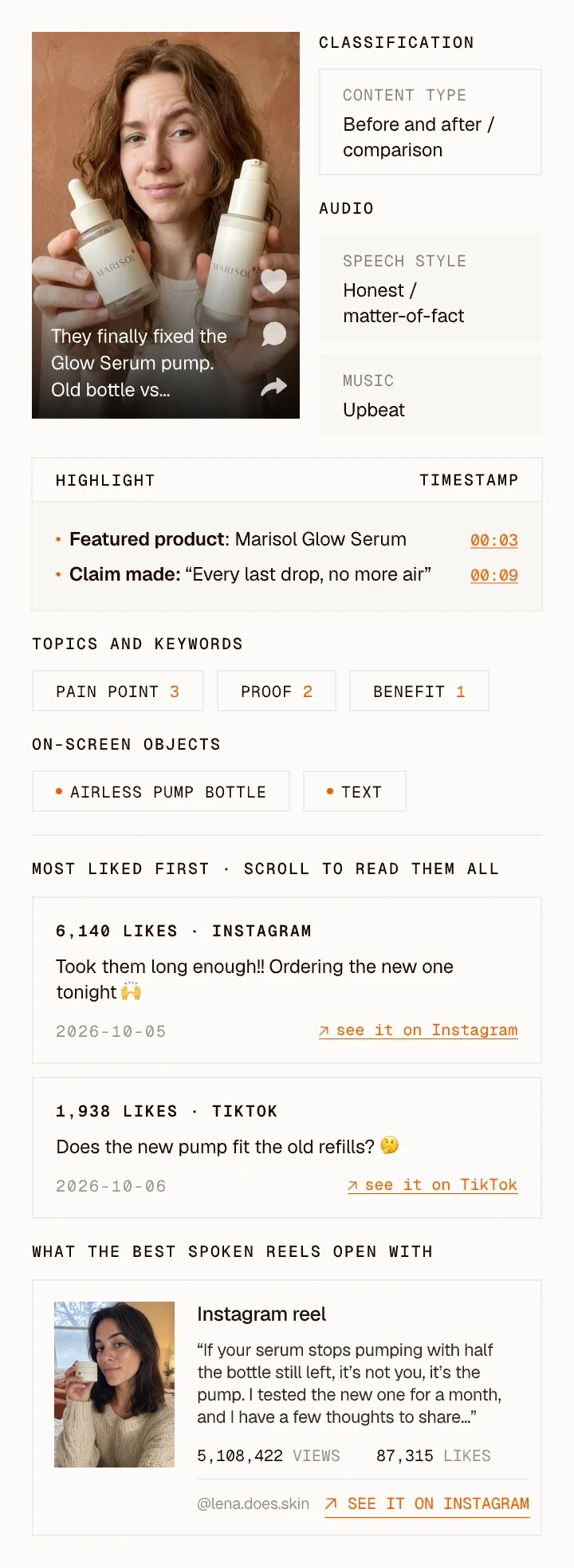 Clayface video analysis of a Marisol Glow Serum video: highlights with timestamps, classification, topics, audio and on-screen objects, beside the most liked comments and the best spoken reels