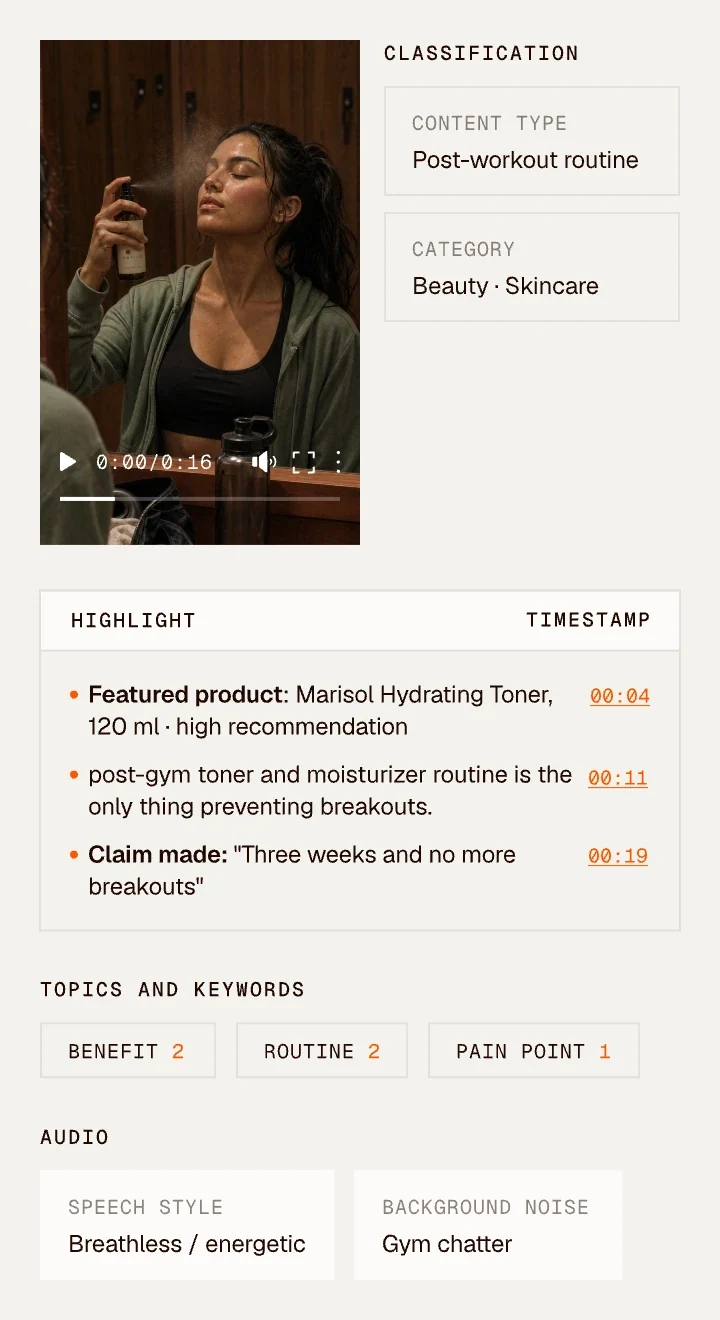 Clayface video analysis of a creator's post-workout skincare video: highlights with timestamps, classification, topics and keywords, and audio