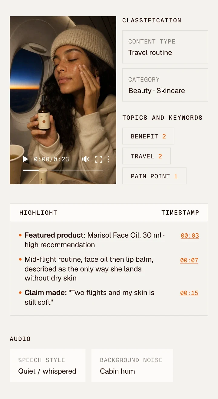 Clayface video analysis of a creator's travel skincare video: highlights with timestamps, classification, topics and keywords, and audio