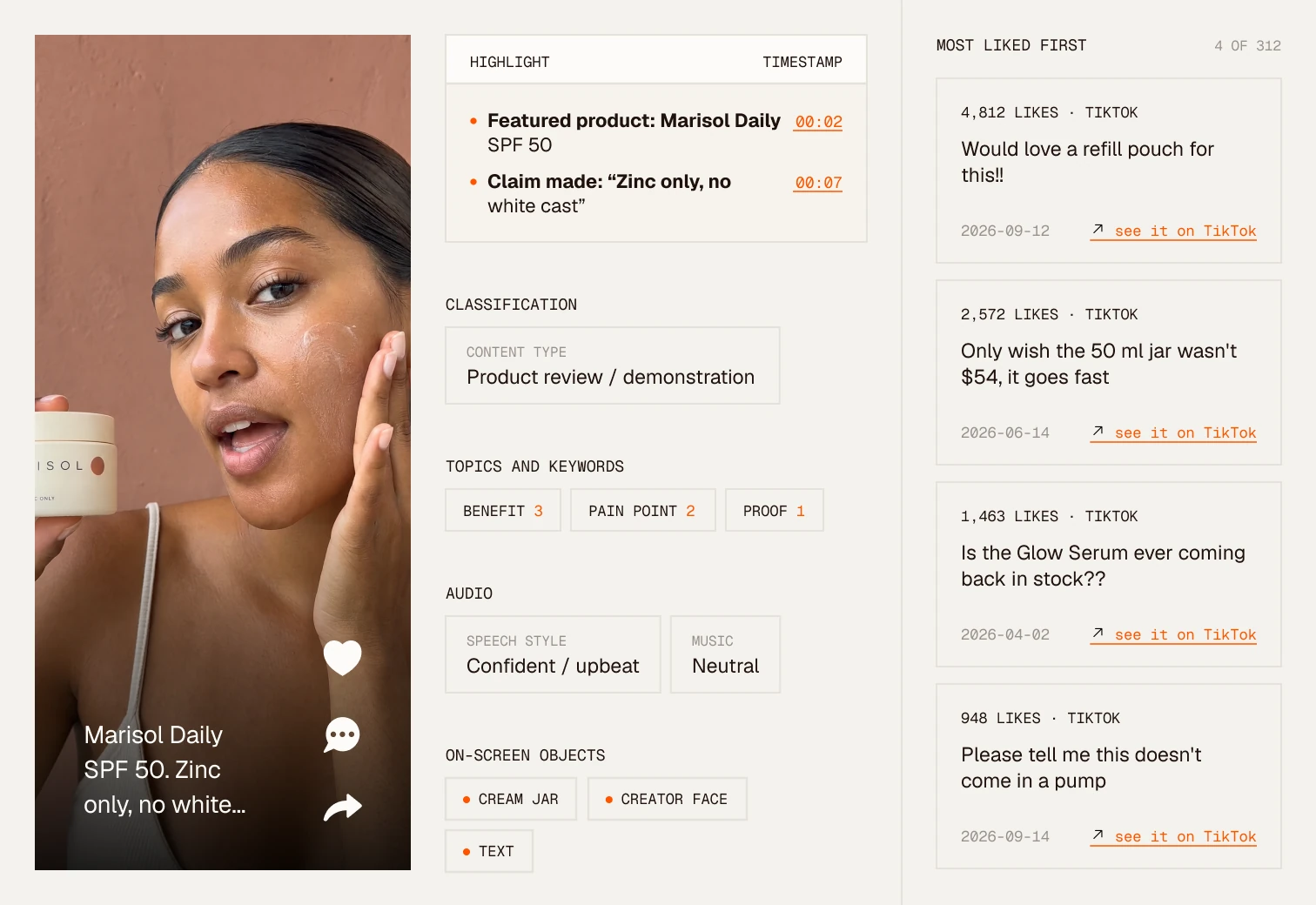 Clayface video review analysis of a TikTok review of Marisol Daily SPF 50: highlights with timestamps, classification, topics, audio and on-screen objects, next to the most liked comments