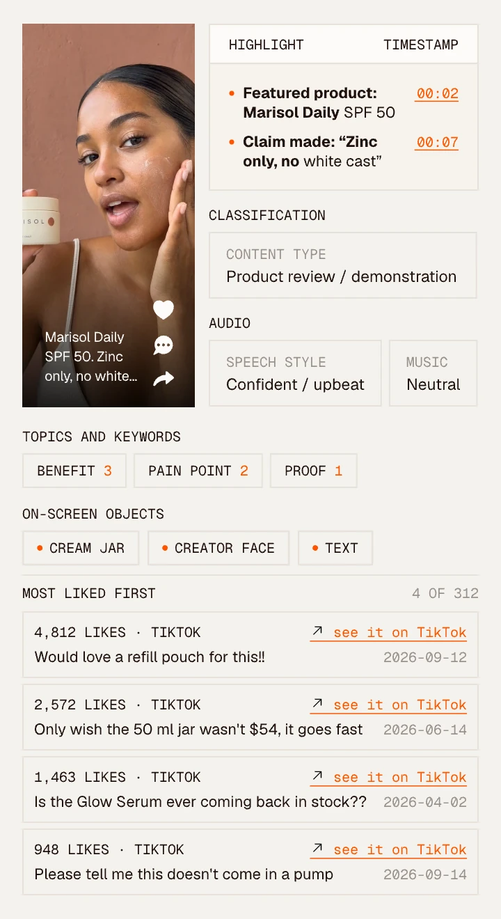 Clayface video review analysis of a TikTok review of Marisol Daily SPF 50: highlights with timestamps, classification, topics, audio and on-screen objects, next to the most liked comments