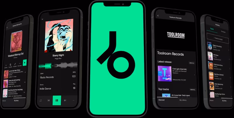 Five smartphones displaying a green music app interface with playlists, waveform visualizer, track details, and the app logo on a green background.