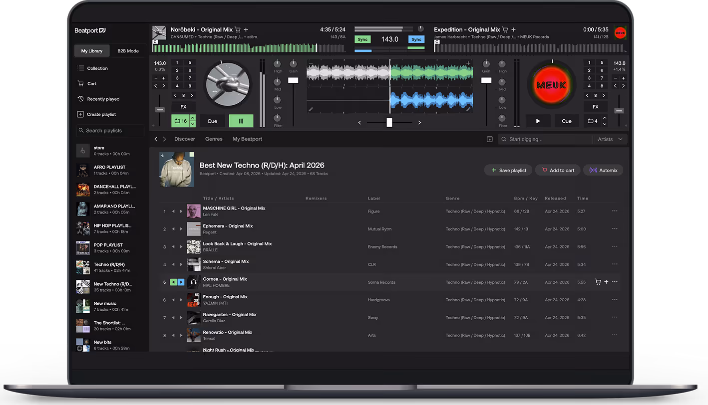 Laptop screen showing Beatport DJ app with techno playlist and two decks playing tracks.
