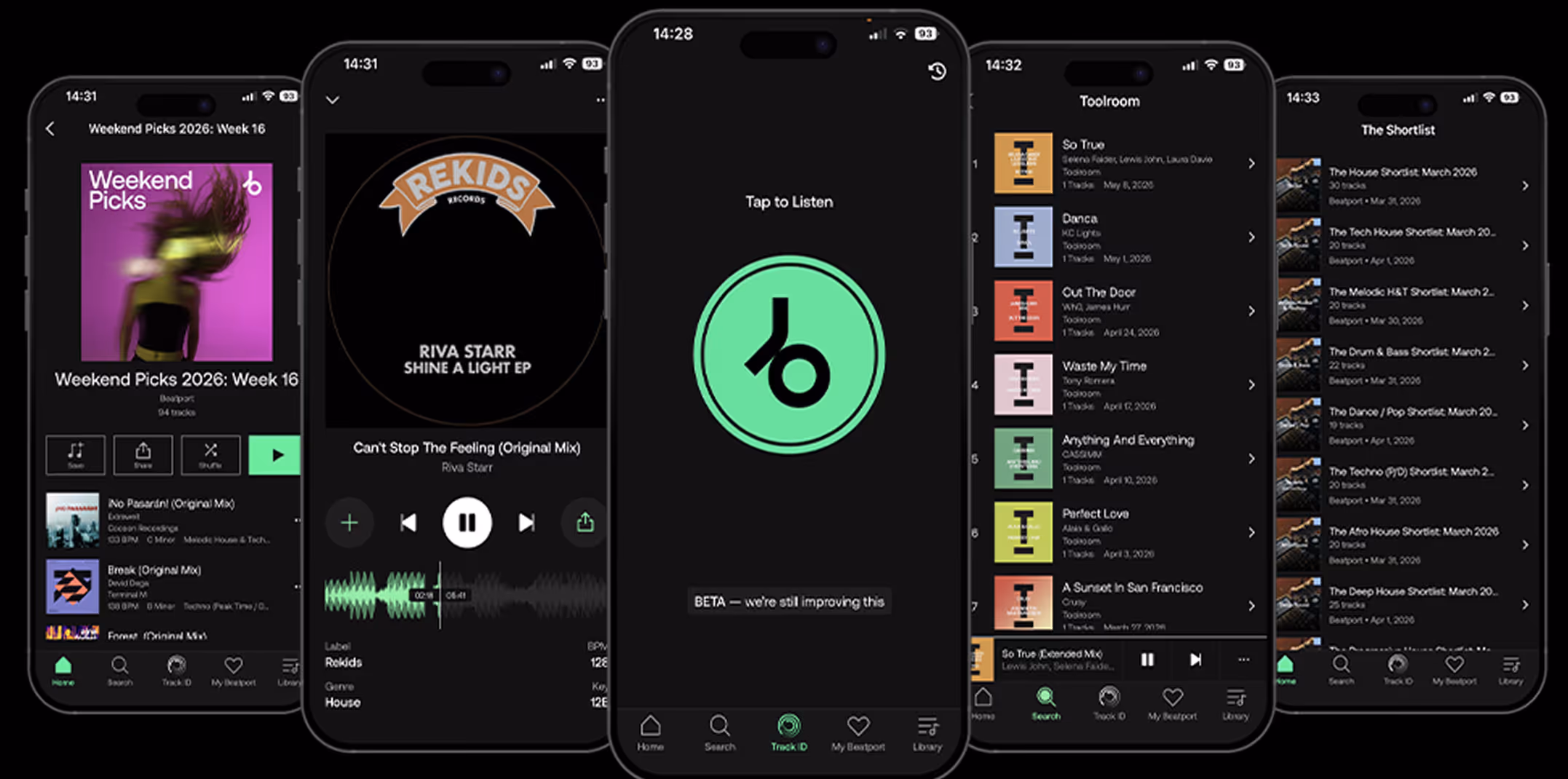 Five smartphones showing a music app with playlists, tracks, and a tap to listen screen in dark mode.