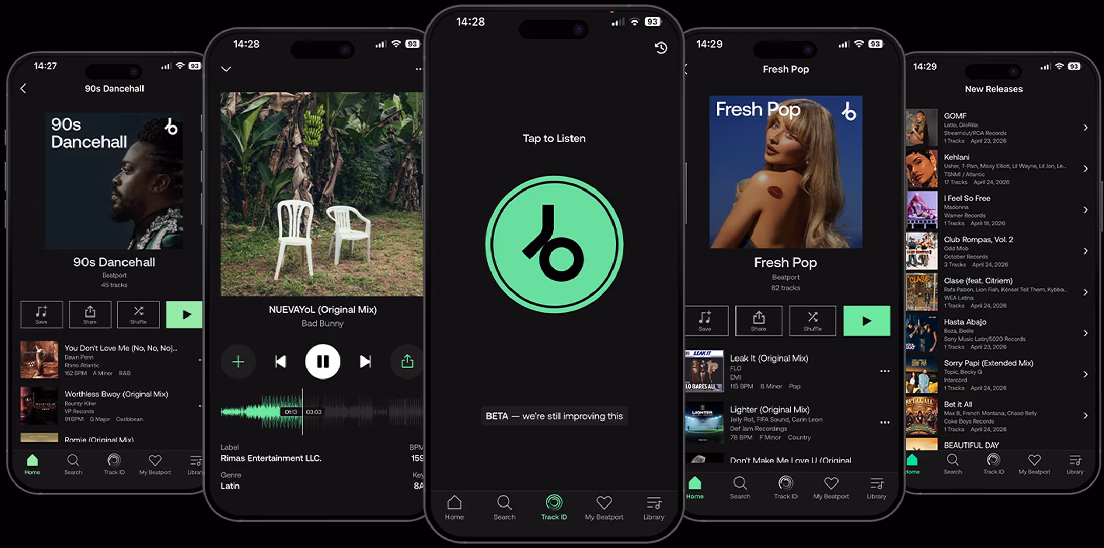 Five smartphones showing different screens of a music app with playlists, tracks, and a tap to listen screen.