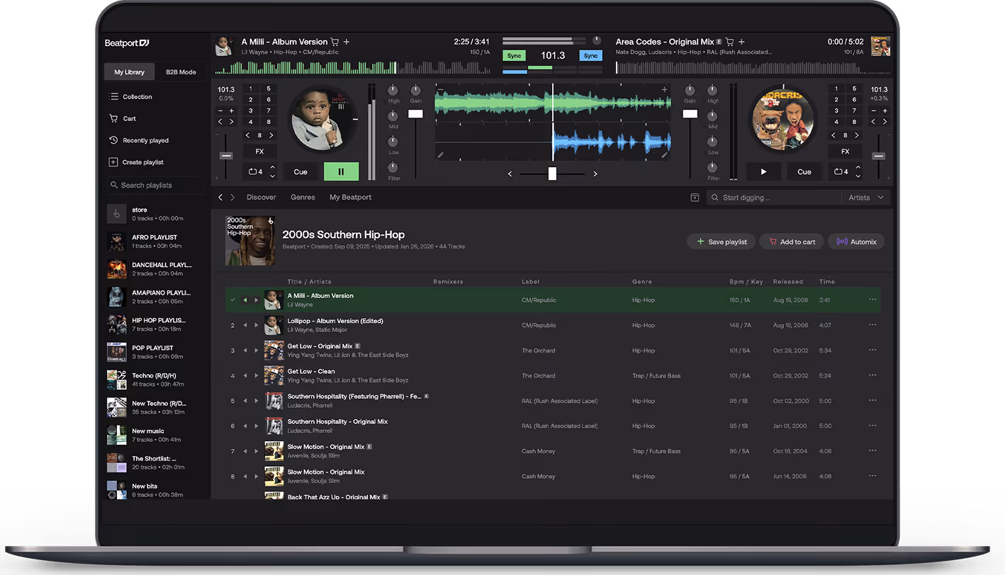 Laptop screen showing Beatport DJ software with 2000s Southern Hip-Hop playlist and two tracks playing.
